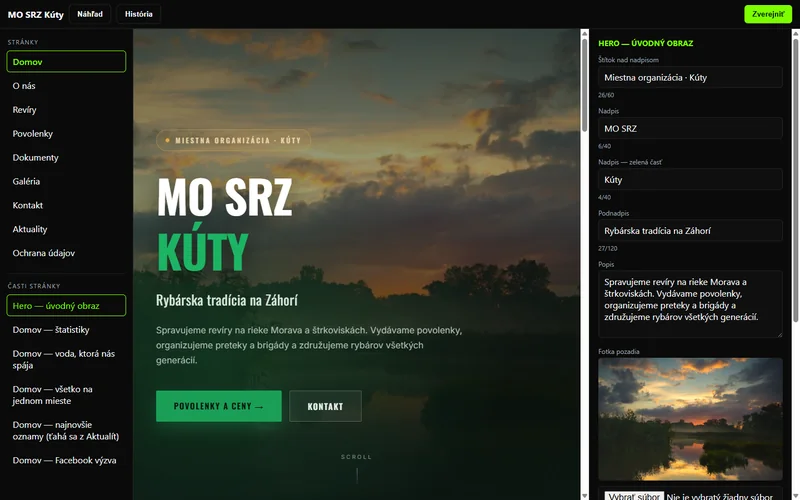 MCW Builder — editor webu s navigátorom stránok, náhľadom a panelom nastavení