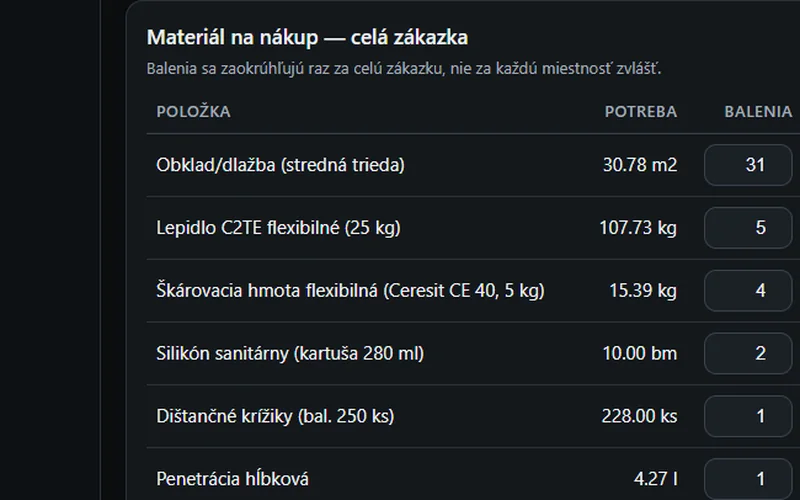 MCW Kalkulačky — výpočet materiálu pre zákazku (ukážkové dáta)